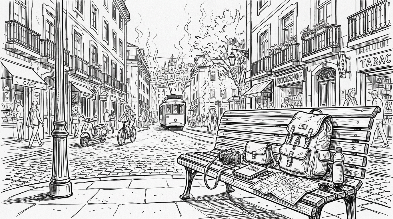 Urban street with tram, people walking, and travel items on a bench including backpack, camera, map, and water bottle